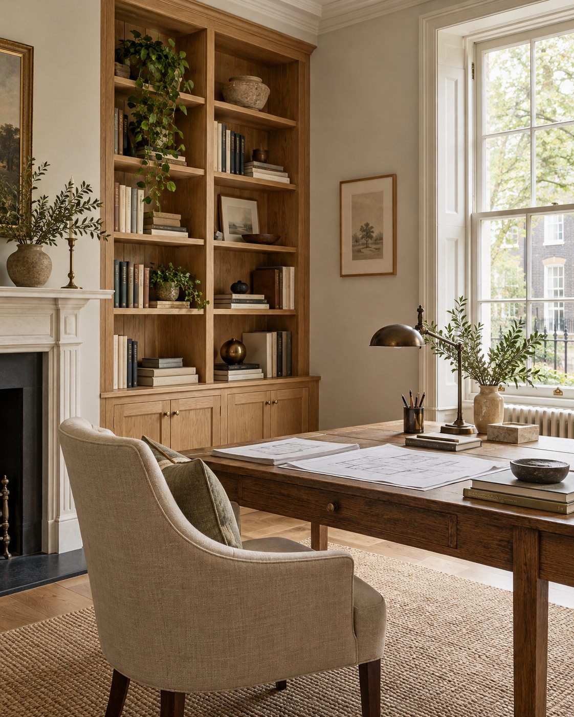 A calm townhouse study with a writing desk