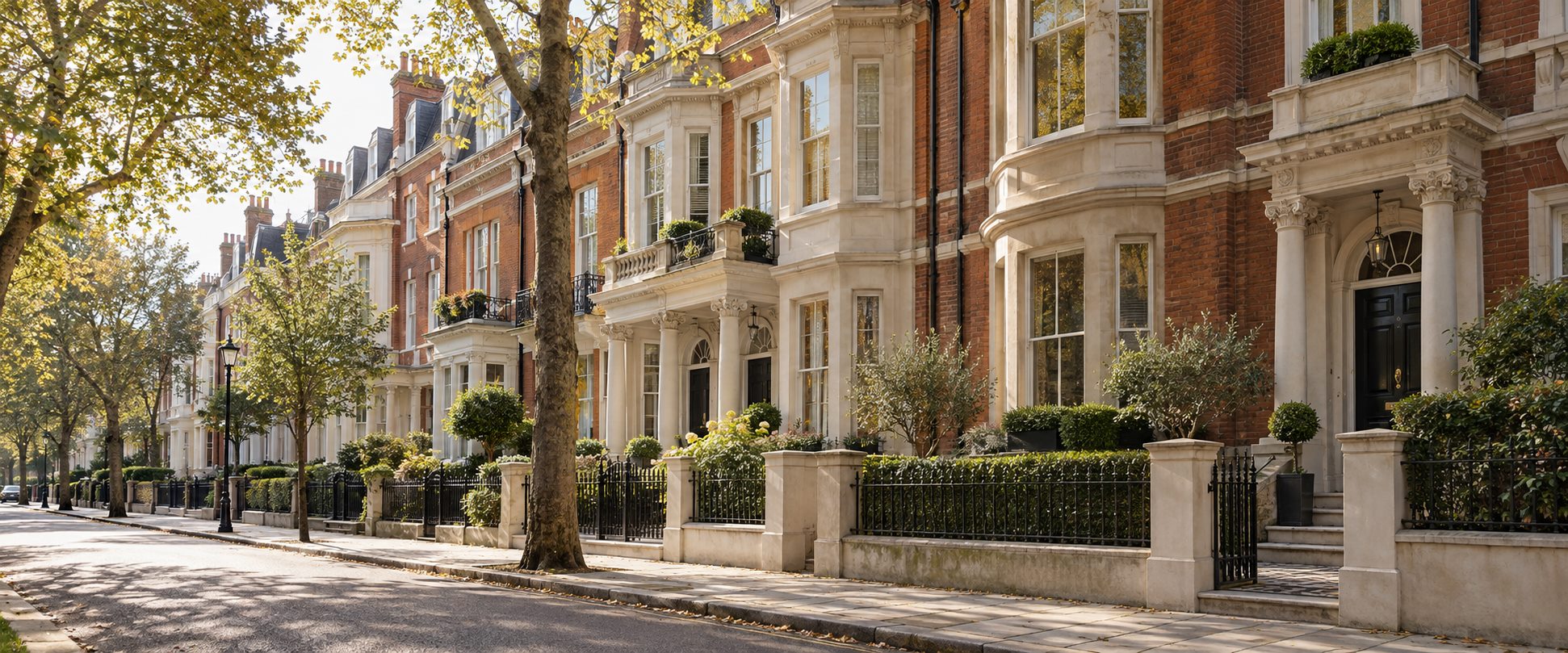 Warm residential townhouses along a quiet street
