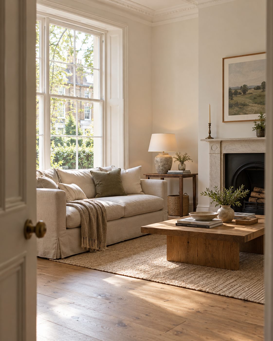 A light-filled living room with warm neutral finishes