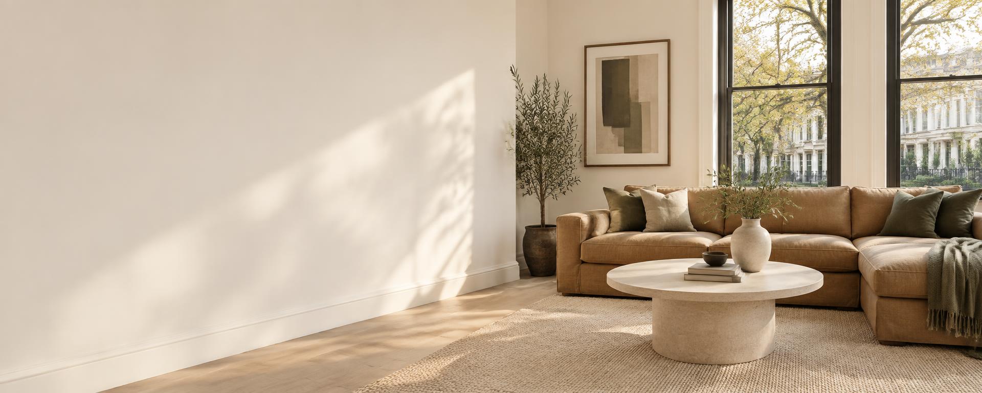 Elegant living room with a sofa and leafy view